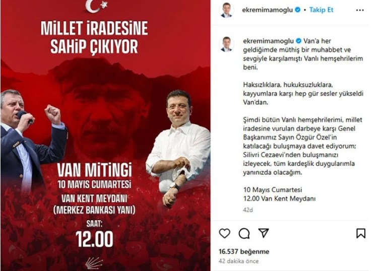 CHP'nin VAN MİTİNGİ Bugün Saat: 12.00’de...     Özgür ÖZEL ve Ekrem İMAMOĞLU’ndan çağrı!  
